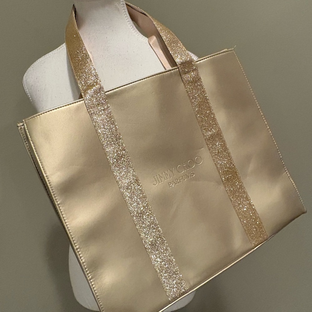 Jimmy Choo Gold Tote Bag with Glitter Straps 16x13x5 Great Condition